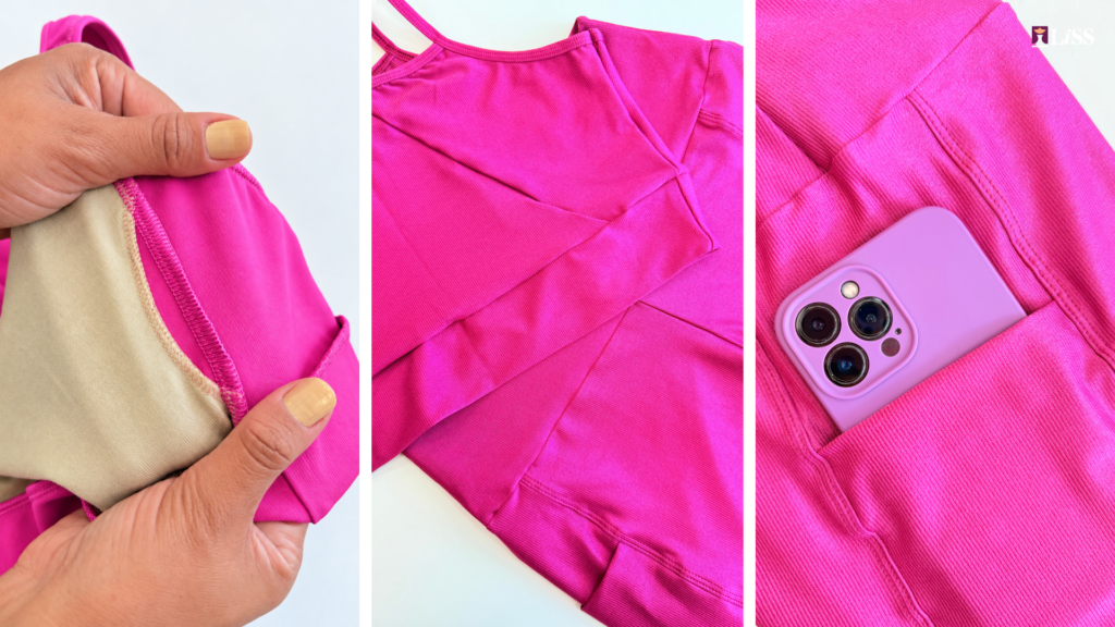 detalhe de tecido e acabamento de roupa fitness