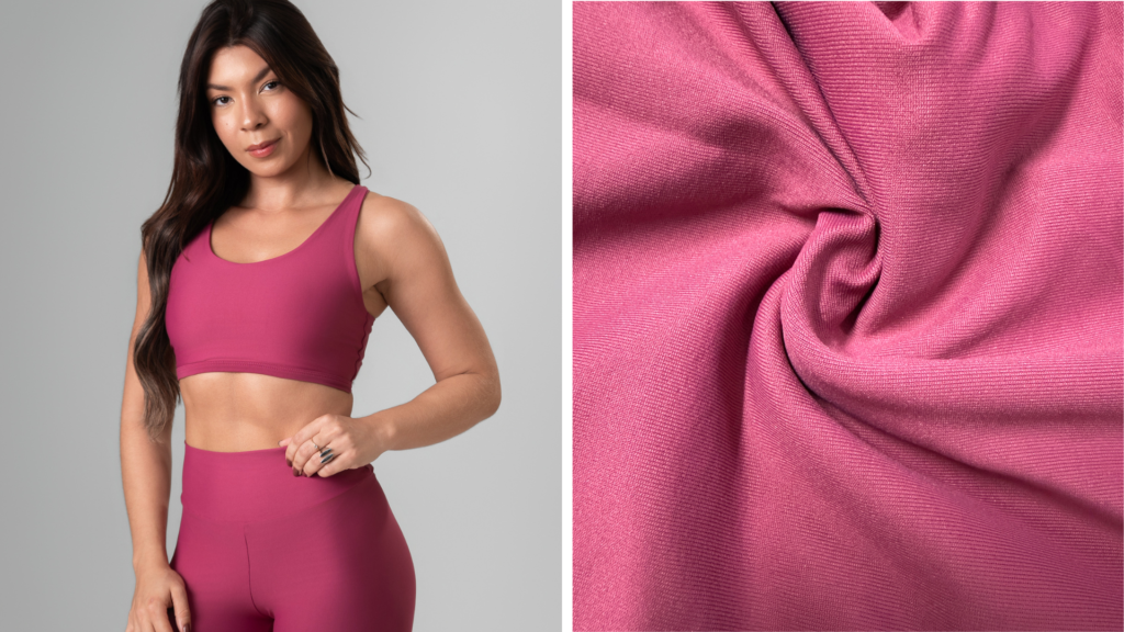 Detalhe do tecido suplex de poliamida light ao lado da modelo usando roupa fitness